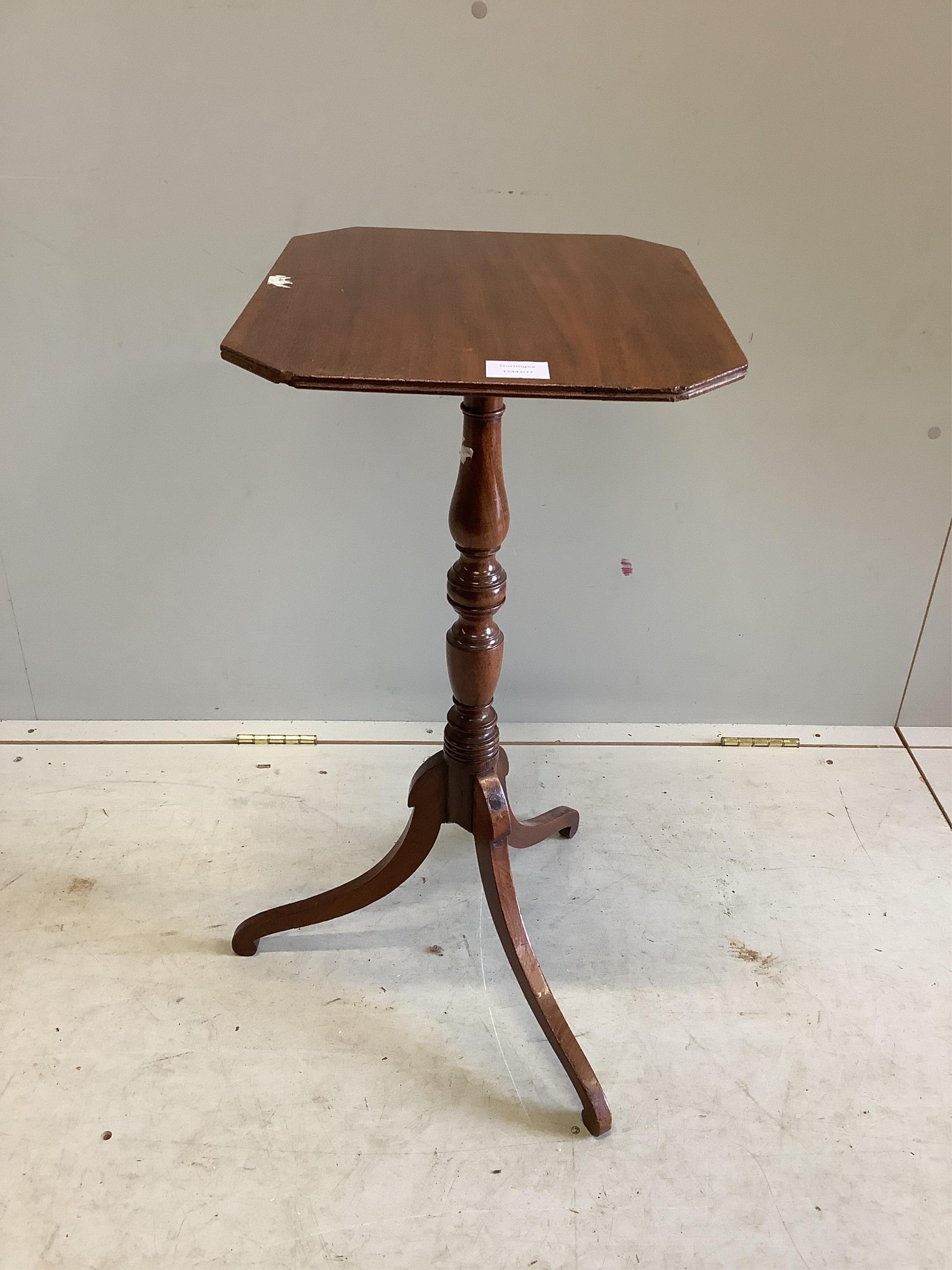 A Regency octagonal mahogany tripod wine table, width 42cm, depth 35cm, height 73cm. Condition - fair